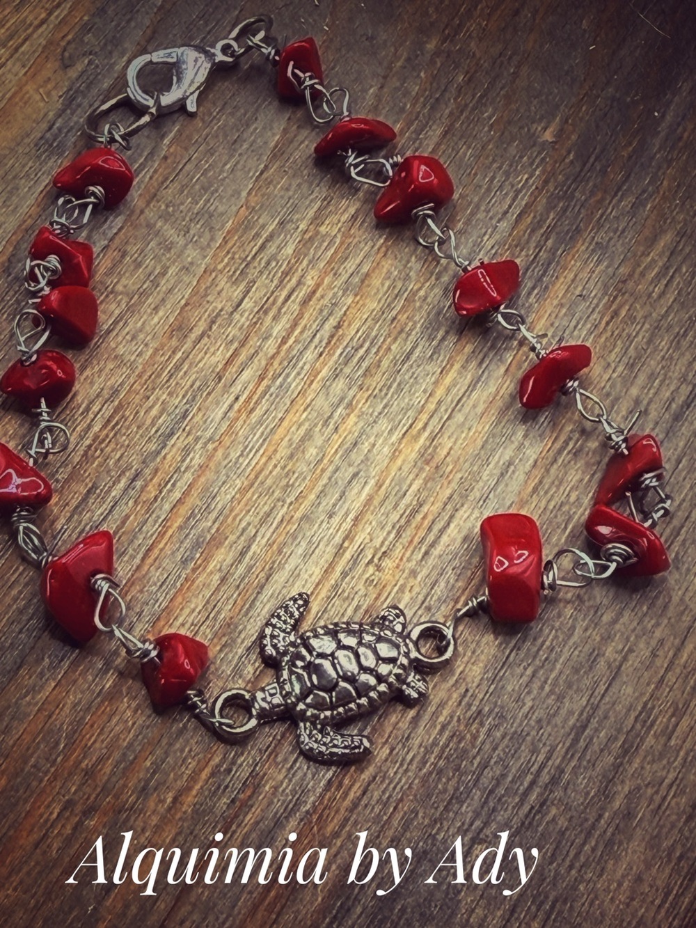 Silver red coral sea turtle 🐢 chain dainty bracelet